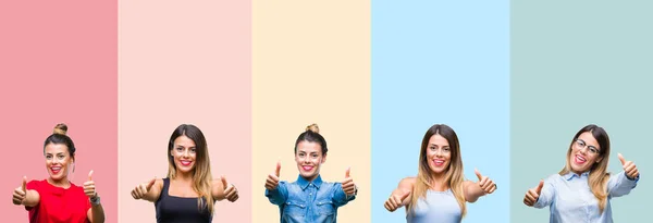 Collage Mujer Hermosa Joven Sobre Rayas Colores Fondo Aislado Aprobando —  Fotos de Stock