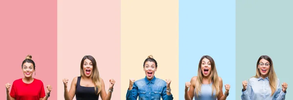 Collage Young Beautiful Woman Colorful Stripes Isolated Background Celebrating Surprised — Stock Photo, Image