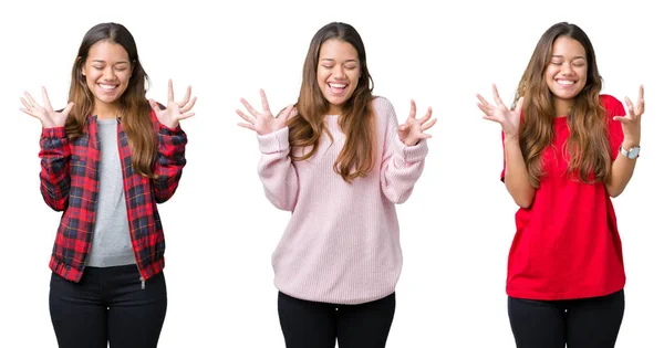 Collage Einer Schönen Jungen Frau Vor Isoliertem Hintergrund Die Verrückt — Stockfoto