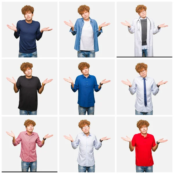 Collage Hombre Joven Con Diferentes Miradas Sobre Fondo Blanco Aislado —  Fotos de Stock