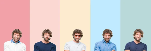 Collage Unga Casual Man Över Färgglada Ränder Isolerad Bakgrund Lycklig — Stockfoto