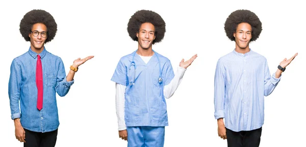 Koláž Mladého Muže Afro Vlasy Bílé Izolované Pozadí Úsměvem Veselá — Stock fotografie