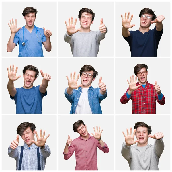 年轻男子的拼贴在白色隔绝的背景显示和指向用手指数字六 同时微笑自信和快乐 — 图库照片