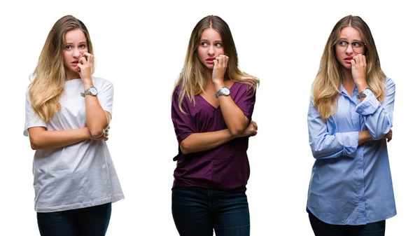 Collage Unga Vackra Blonda Kvinnan Över Isolerade Bakgrund Ser Stressad — Stockfoto