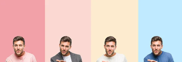 Collage Stilig Ung Man Över Färgglada Ränder Isolerad Bakgrund Tittar — Stockfoto