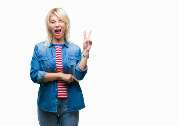 Jonge Mooie Blonde Vrouw Denim Jasje Dragen Geïsoleerde Achtergrond Glimlachend — Stockfoto