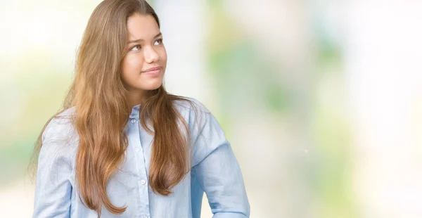 Młody Biznes Brunetka Piękna Kobieta Białym Tle Patrząc Strony Uśmiechem — Zdjęcie stockowe