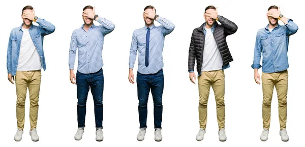 Collage Attraktiva Ung Man Över Vit Isolerad Bakgrund Leende Och — Stockfoto