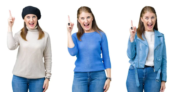 Collage Hermosa Mujer Mediana Edad Sobre Fondo Aislado Apuntando Con — Foto de Stock