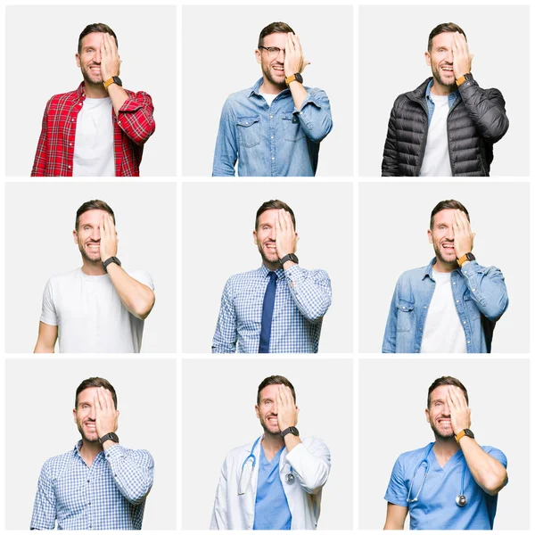 Collage Attractive Young Man White Isolated Background Covering One Eye — Stock Photo, Image