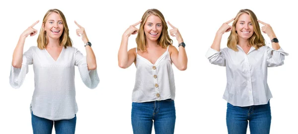 Collage Hermosa Mujer Rubia Sobre Fondo Blanco Aislado Sonriendo Apuntando —  Fotos de Stock