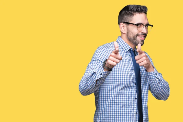 Joven Hombre Negocios Con Gafas Sobre Fondo Aislado Señalando Los — Foto de Stock