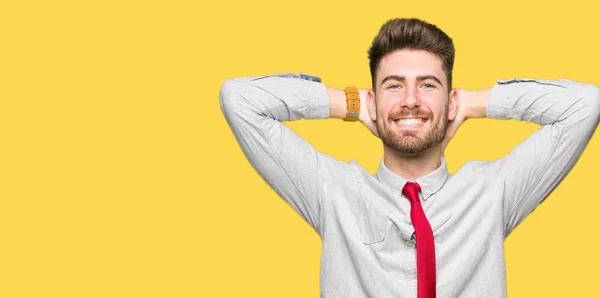 Young Handsome Business Man Relaxing Stretching Arms Hands Head Neck — Stock Photo, Image