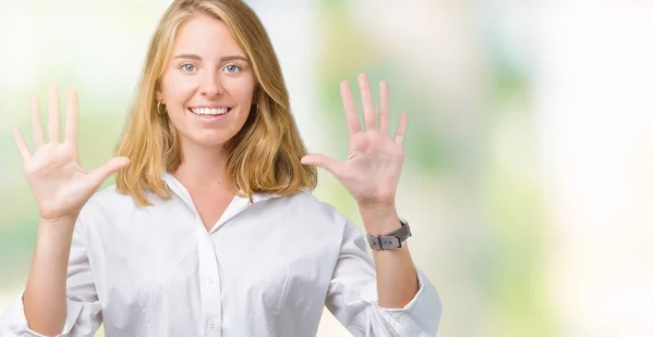 Hermosa Joven Mujer Negocios Sobre Fondo Aislado Mostrando Señalando Hacia —  Fotos de Stock