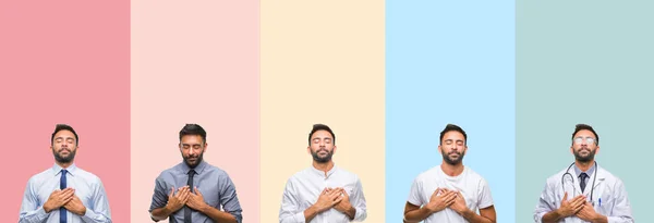 Collage Von Gut Aussehenden Mann Über Bunten Streifen Isoliert Hintergrund — Stockfoto