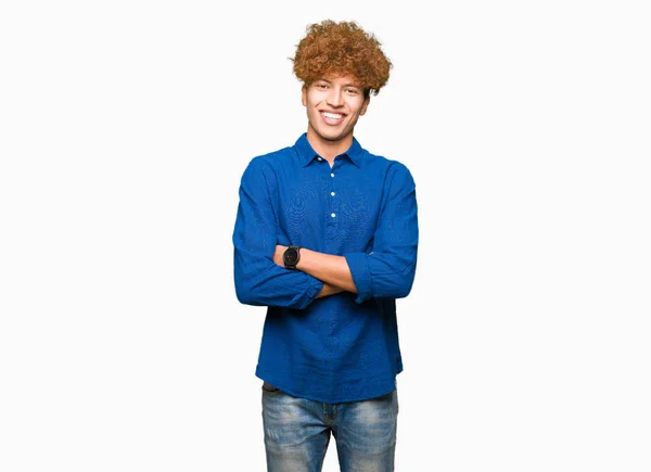 Homem Elegante Bonito Jovem Com Cabelo Afro Rosto Feliz Sorrindo — Fotografia de Stock