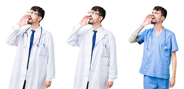 孤立した背景の上に医療コートを着た医師のコラージュが叫び 口の上に手で横に大声で叫ぶ コミュニケーションコンセプト — ストック写真