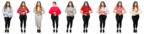 Collage Van Mooie Jonge Vrouw Dragen Verschillende Looks Witte Geïsoleerd — Stockfoto