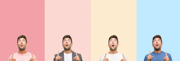 Collage Bel Giovane Strisce Colorate Sfondo Isolato Stupito Sorpreso Guardando — Foto Stock
