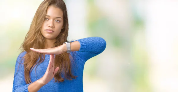 Joven Hermosa Morena Vistiendo Suéter Azul Sobre Fondo Aislado Haciendo — Foto de Stock