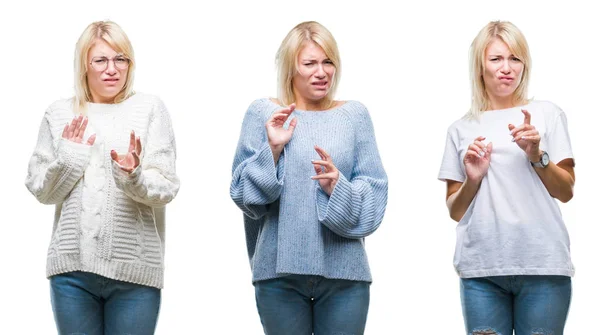 Collage Vackra Blonda Kvinnan Bär Vinter Tröja Över Isolerade Bakgrund — Stockfoto