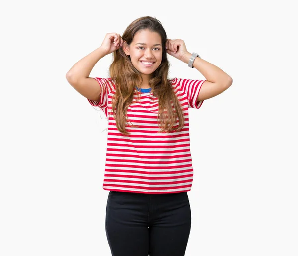 Young Beautiful Brunette Woman Wearing Stripes Shirt Isolated Background Smiling — Stock Photo, Image
