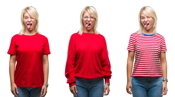 Collage Einer Schönen Blonden Frau Lässigem Rot Über Isoliertem Hintergrund — Stockfoto