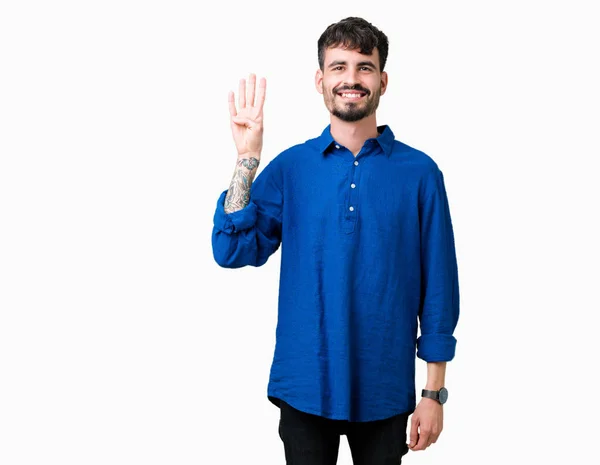 Joven Hombre Guapo Sobre Fondo Aislado Mostrando Señalando Hacia Arriba — Foto de Stock