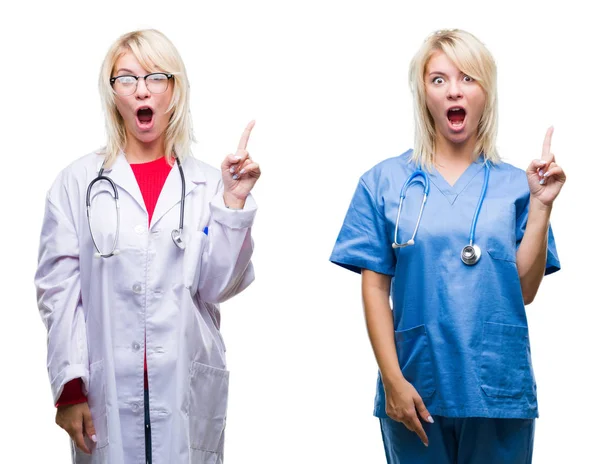 Kolaż Lekarza Pielęgniarka Kobieta Białym Białym Tle Wskazując Palec Górę — Zdjęcie stockowe