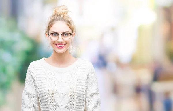 Jonge Mooie Blonde Vrouw Bril Geïsoleerde Achtergrond Met Een Gelukkig — Stockfoto