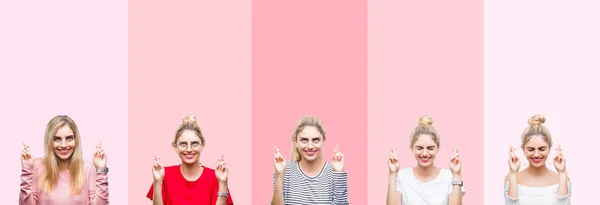 鮮やかなカラフルなヴィンテージピンクの上に若い美しいブロンドの女性のコラージュ希望と目を閉じて指を横切って微笑む 運と迷信的な概念 — ストック写真