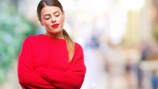 Young Beautiful Business Woman Wearing Winter Sweater Isolated Background Smiling — Stock Photo, Image