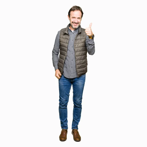 Middle Age Handsome Man Wearing Winter Vest Doing Happy Thumbs — Stock Photo, Image