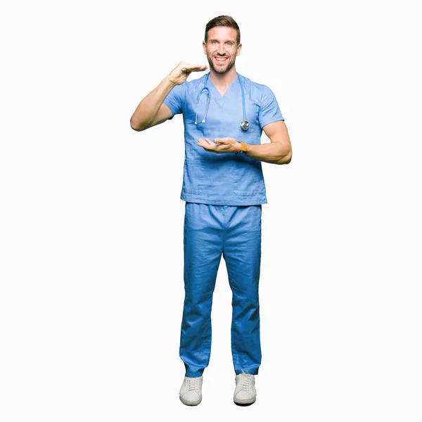 Handsome Doctor Man Wearing Medical Uniform Isolated Background Gesturing Hands — Stock Photo, Image