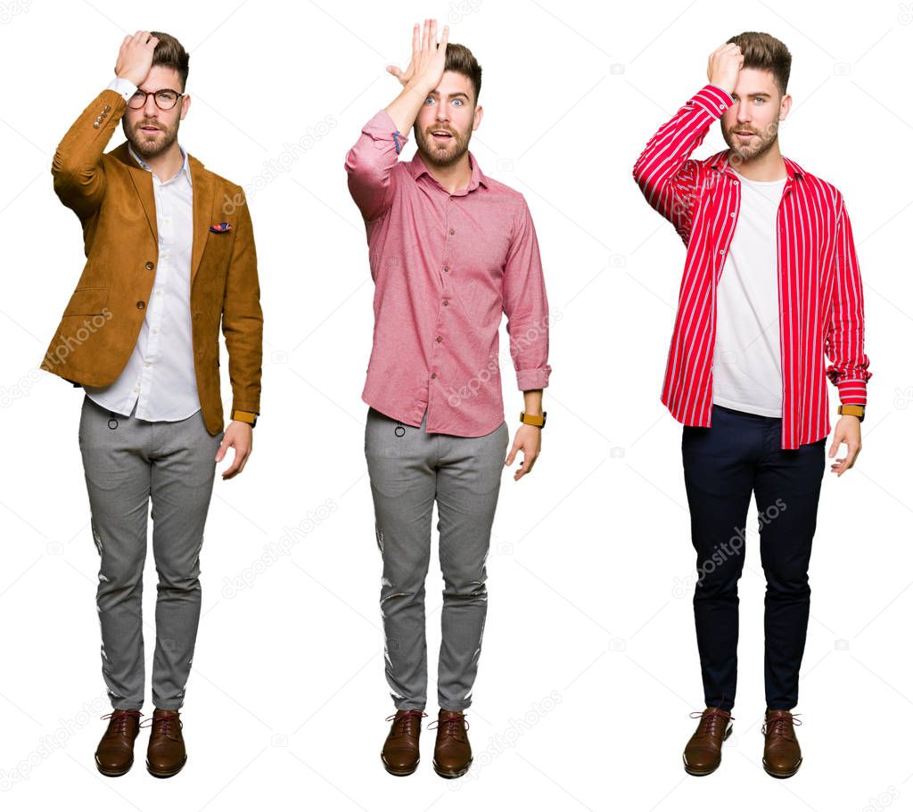 Collage of handsome young business man over white isolated background surprised with hand on head for mistake, remember error. Forgot, bad memory concept.