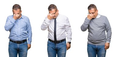 Arap orta yaş adam izole arka plan yorgun sürtünme burun ve göz yorgunluğu ve baş ağrısı duygu bileşimi. Stres ve hayal kırıklığı kavramı.