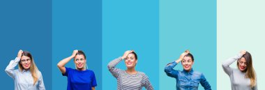 Mavi çizgili üzerinde genç güzel kadın kolaj izole arka plan karıştırır ve soru hakkında merak ediyorum. Şüphe ile belirsiz, baş el ile düşünme. Pensive kavramı.