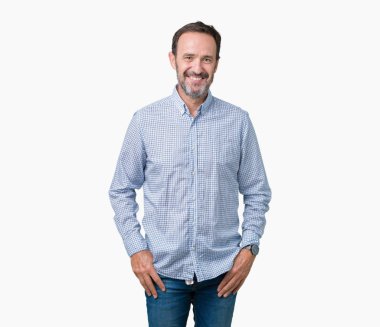 Yakışıklı orta yaş yüzünde mutlu ve güzel bir gülümseme ile izole arka plan üzerinde zarif komuta sizde. Şanslı kişi.