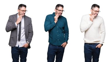 Diş ağrısı ya da diş hastalıkları nedeniyle ağrılı ifade ile el ile beyaz izole arka plan dokunmadan ağız üzerinde yakışıklı iş adamı kolaj. Dişçi konsepti.