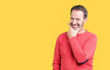 Emin çapraz kollar ve çeneme kaldırdı el ile gülümseme ile kameraya bakarak izole arka plan üzerinde kış kazak giymiş yakışıklı orta yaş ağarmış komuta sizde. Pozitif düşünce.