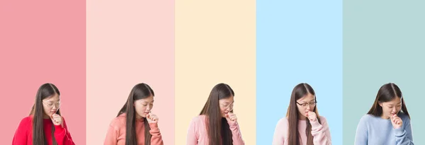Collage Beautiful Asian Woman Colorful Stripes Isolated Background Feeling Unwell — Stock Photo, Image