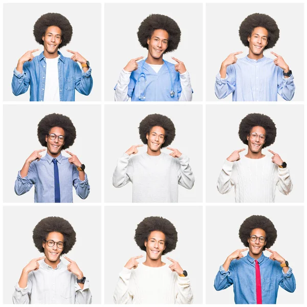 Collage of young man with afro hair over white isolated background smiling confident showing and pointing with fingers teeth and mouth. Health concept.