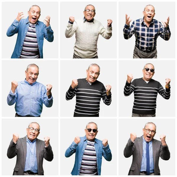 Kollázs Jóvágású Idősebb Ember Feletti Fehér Elszigetelt Háttér Ünnepli Meglepett — Stock Fotó