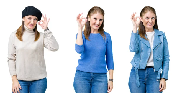 Collage Hermosa Mujer Mediana Edad Sobre Fondo Aislado Sonriendo Positiva — Foto de Stock