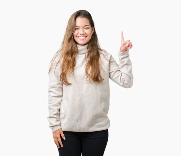 Young Beautiful Brunette Woman Wearing Turtleneck Sweater Isolated Background Showing — Stock Photo, Image