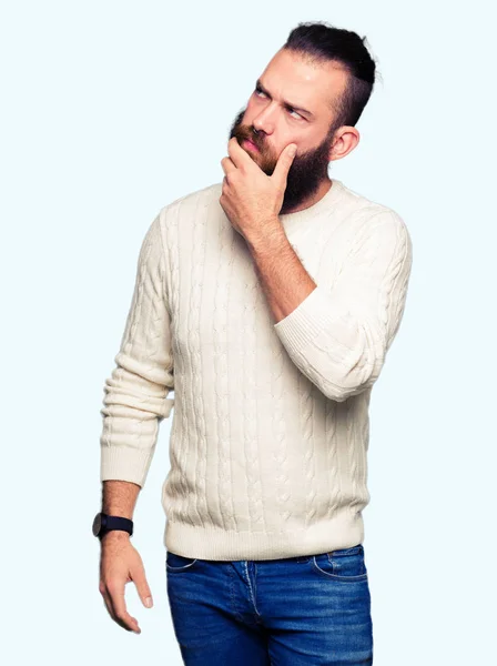 Young Hipster Man Wearing Winter Sweater Hand Chin Thinking Question — Stock Photo, Image