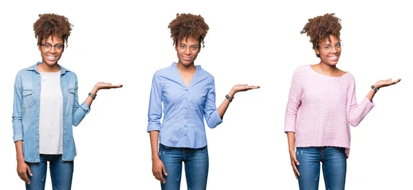 Collage Van Jonge Mooie Afrikaanse Meisje Geïsoleerde Achtergrond Lacht Vrolijk — Stockfoto