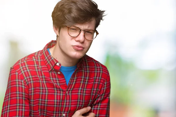 Mladý Pohledný Muž Nosí Brýle Nad Samostatný Pozadí Rukou Žaludek — Stock fotografie