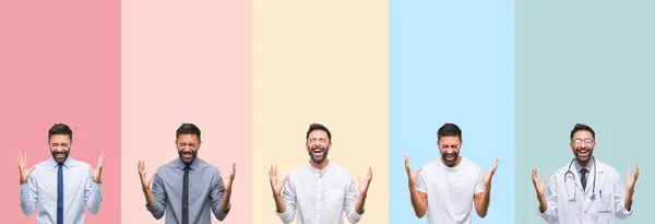 Renkli Çizgili Üzerinde Yakışıklı Adam Kolaj Izole Arka Plan Kollarını — Stok fotoğraf