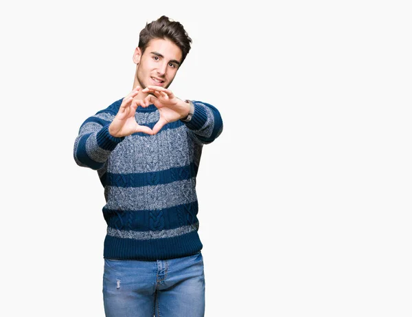 Jovem Homem Bonito Sobre Fundo Isolado Sorrindo Amor Mostrando Símbolo — Fotografia de Stock